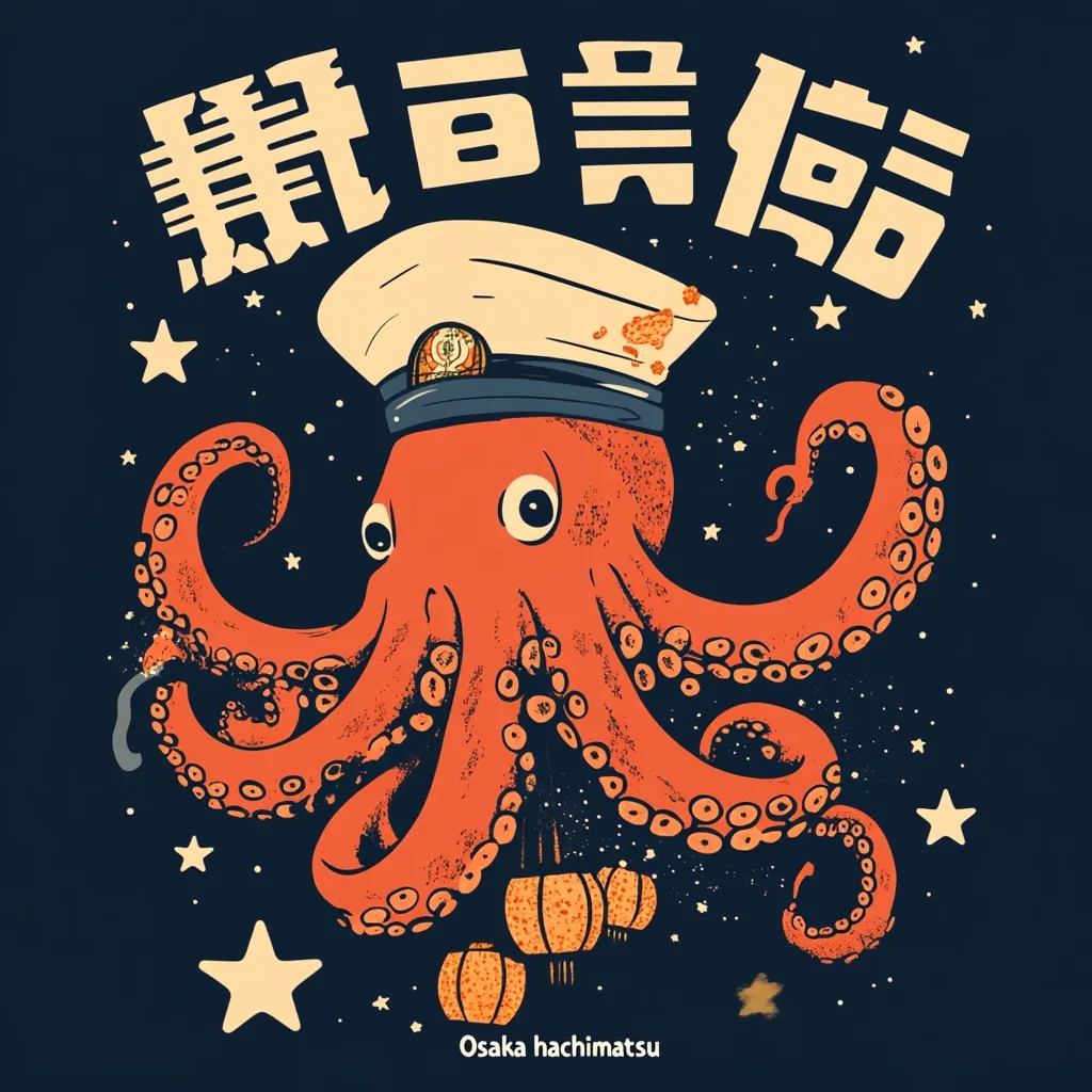 Here's a description of the image:

The illustration features a stylized octopus, rendered in a vintage, almost distressed, style.  The octopus is depicted wearing a captain's hat, splattered with what looks like sauce or food.  Japanese characters are prominently displayed above the octopus, with "Osaka hachimatsu" written below.  The background is a dark navy blue, speckled with small stars and orange lanterns hang beneath the octopus, adding to the whimsical, almost nostalgic feel. The overall style is reminiscent of Japanese pop-culture imagery with a touch of nautical themes.