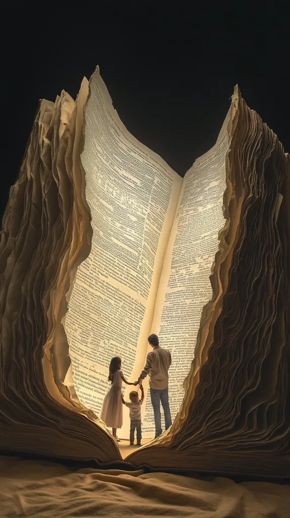 Here's a description of the image:

The photograph depicts a family of three – a father, mother, and young child – standing within the pages of a gigantic, open book. The book's pages are aged and yellowed, creating a warm, antique feel.  The family is silhouetted against the bright interior of the book, their hands clasped together, symbolizing unity and connection. The massive scale of the book emphasizes the importance of stories and knowledge within the family’s life.  The dark background contrasts sharply with the illuminated pages, focusing all attention on the family at the heart of the scene.  The overall mood is one of warmth, family, and the power of storytelling.
