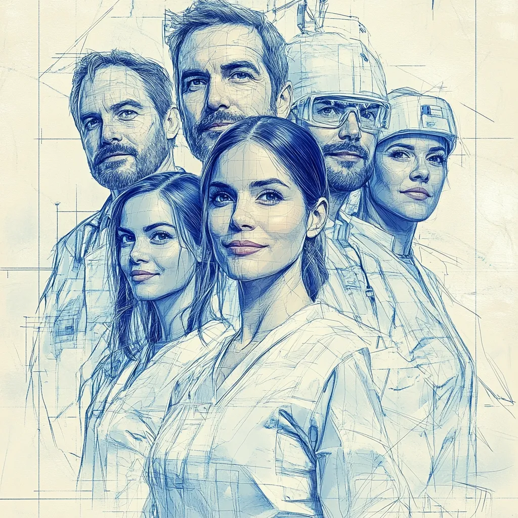 A stylized sketch in blue tones depicts a group of five medical professionals, possibly a surgical team.  A central female figure, with dark hair and a gentle expression, is prominently featured.  Flanking her are four other individuals, two men and two women, their faces partially visible, suggesting a team dynamic.  The sketch style, with visible sketch lines overlaid on the figures, adds a technical, blueprint-like feel.  The overall impression is one of professionalism and teamwork within a medical setting.