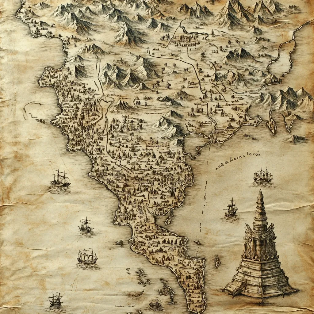This image depicts a meticulously detailed, antique-style map. Drawn in sepia tones on parchment-like paper, it shows a coastal region with numerous settlements, forests, mountains, and winding rivers. Several sailing ships are scattered across the surrounding waters. A prominent, ornate structure resembling a lighthouse or monument stands prominently near the coast's edge.  The map's style suggests a fictional world or a historical fantasy setting.  Various place names are subtly inscribed throughout, further enhancing its aged and historical aesthetic.
