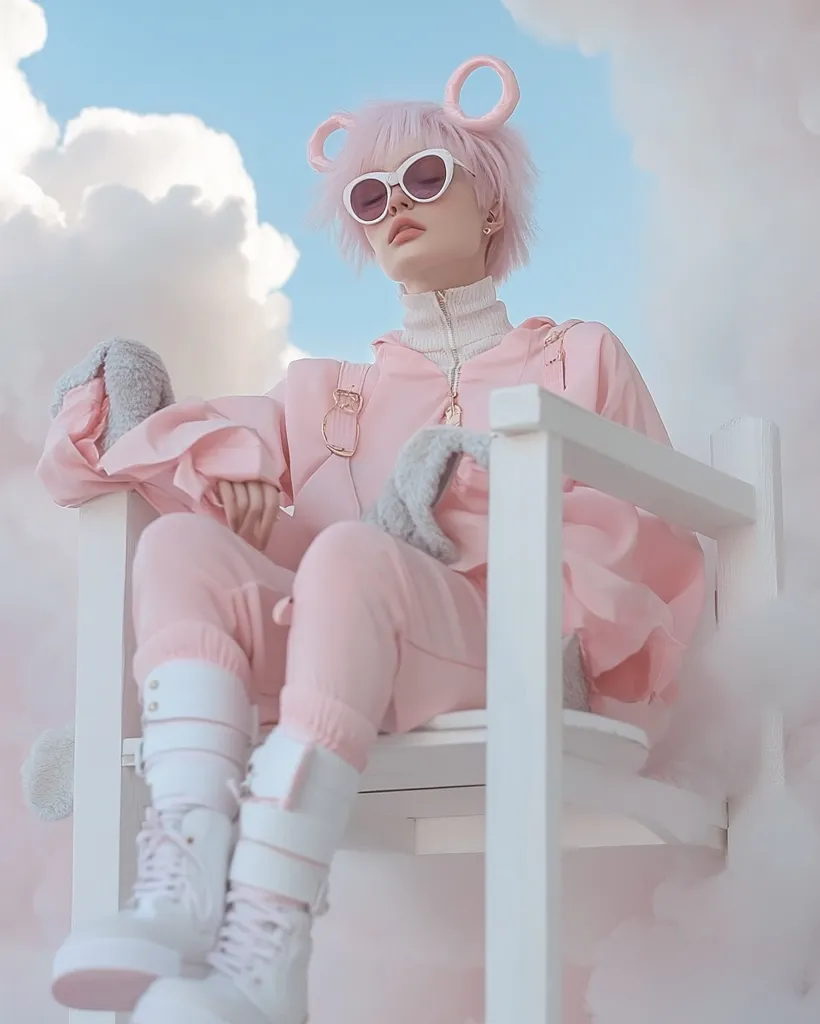 Here's a description of the image:

A young person with short, pink hair and large, circular hair accessories sits serenely on a white wooden chair.  They are wearing a light pink, oversized tracksuit, white high-top boots, and white sunglasses. The setting is dreamy and ethereal, with fluffy white clouds filling the background under a pale blue sky, creating a soft, pastel aesthetic. The overall image is stylized and evokes a whimsical, possibly anime-inspired, feel. The model appears calm and peaceful, their pose suggesting relaxation and contemplation.