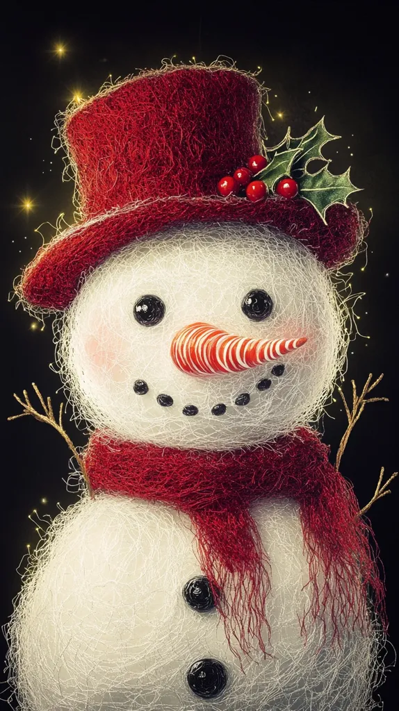 Here's a description of the image:

Close-up view of a whimsical snowman rendered in a digital painting style.  The snowman's body appears textured, like it's made of fluffy white yarn or fibers. It wears a deep red top hat adorned with holly berries and a matching scarf, also with a frayed, yarn-like texture. A candy cane forms its nose, adding a festive touch.  Small, dark button eyes and coal-like buttons detail its face and body. The background is dark, with subtle sparkling lights suggesting a magical, nighttime setting. The overall style is charming and evokes a cozy, Christmas atmosphere.