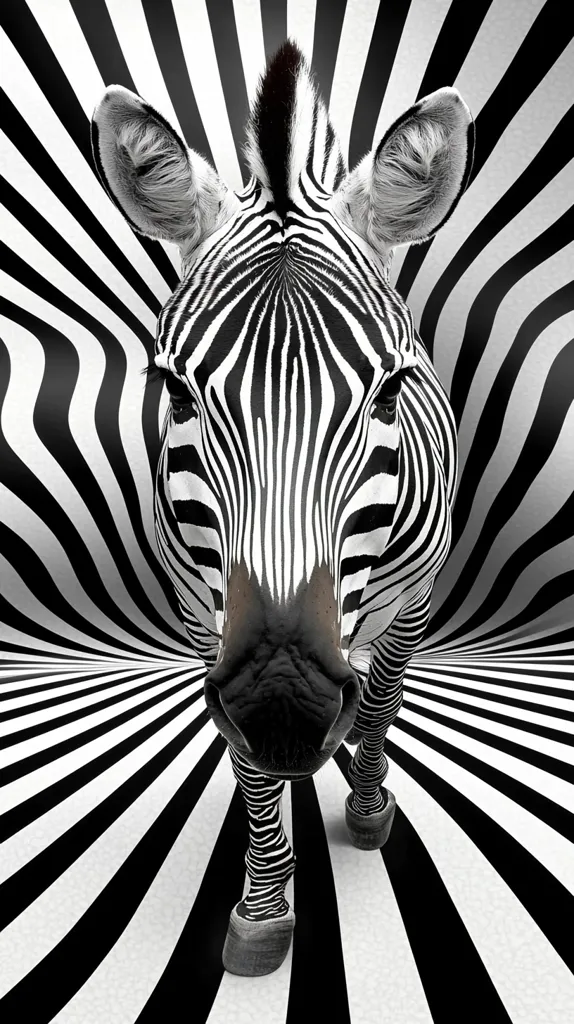 Here is a description of the image:

The image shows a zebra walking towards the viewer. The zebra is rendered in sharp detail, its black and white stripes clearly defined. The background is a swirling vortex of black and white stripes, creating a hypnotic effect.  The zebra's face is centered, and it dominates the foreground. The perspective is from a low angle, enhancing the impact of the zebra's approach.  The overall effect is striking, visually arresting and slightly surreal due to the background's design.