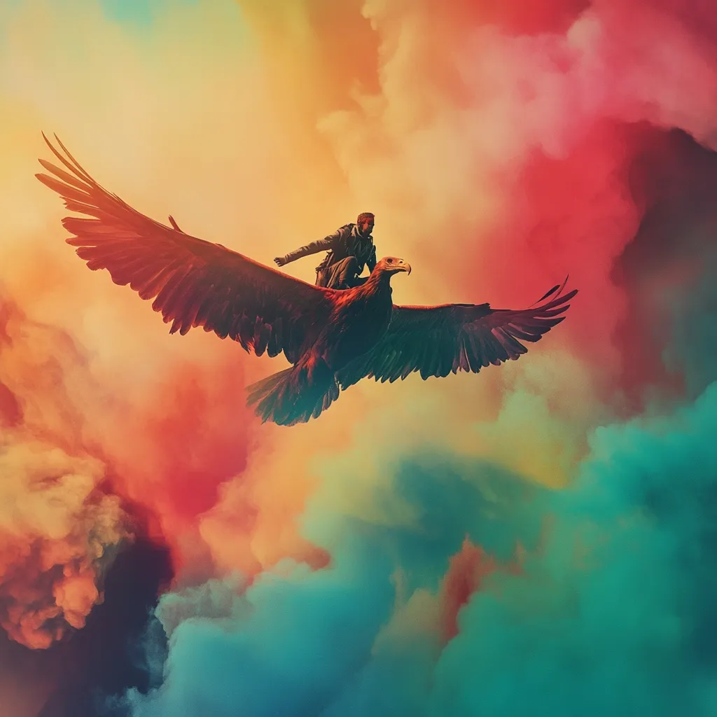 A man rides a large, dark brown eagle soaring through a vibrant, colorful sky.  The sky is a dramatic mix of swirling oranges, reds, and teals, resembling smoke or clouds. The eagle's wings are outstretched, and the man sits astride its back, appearing calm and resolute. The overall mood is one of fantasy and adventure, suggesting freedom and a journey above the ordinary. The artwork's style is painterly and digitally enhanced.