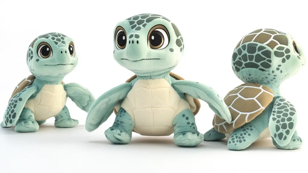 Here's a description of the image:

Three adorable plush sea turtle toys are shown in a studio shot against a stark white background.  The central turtle is positioned facing forward, exhibiting a sweet expression with large, expressive eyes. The two flanking turtles are oriented at angles, providing a view of their sides and shells.  All three share a similar design:  soft, pastel teal and beige coloring, detailed shell patterns, and plush textures that give them a cuddly appearance.  The overall impression is one of charming, child-friendly toys.