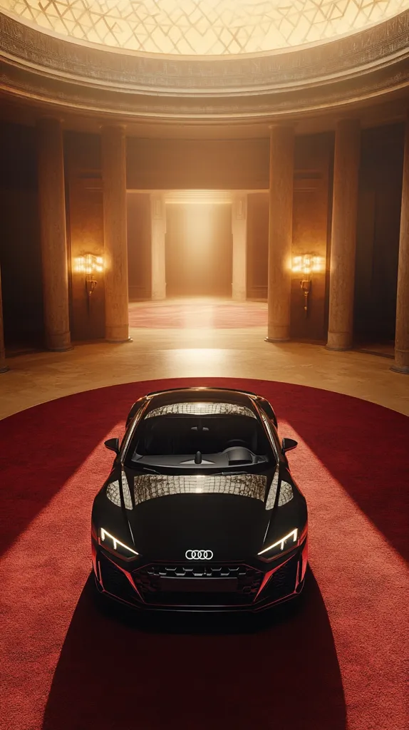 A sleek, black Audi sports car sits center frame on a crimson red carpet inside a grand, opulent hall.  The hall features classical architecture with tall columns, a domed ceiling, and soft, warm lighting.  The car's reflection is visible on its polished hood, mirroring the hall's interior.  Sunlight streams in from a distant doorway, highlighting the car and creating a dramatic, luxurious atmosphere.