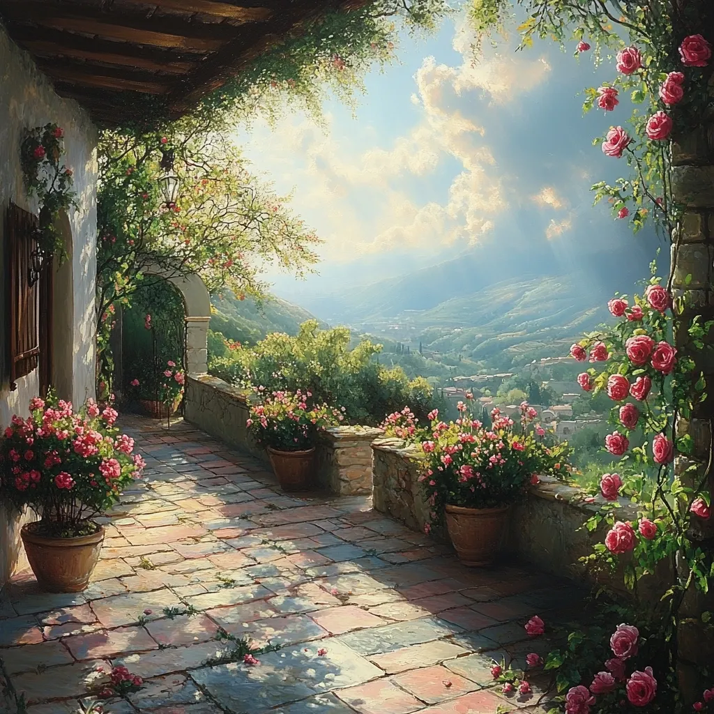 A sun-drenched patio overlooks a picturesque valley.  Stone paving, shaded by a vine-covered pergola, leads to an arched opening.  Potted pink roses flank the pathway, their vibrant blooms mirroring those climbing a stone pillar.  The background reveals rolling hills and a distant village, bathed in the soft light of a partly cloudy sky. The scene evokes a sense of serenity and idyllic beauty, a tranquil escape in a sun-kissed Italian landscape.
