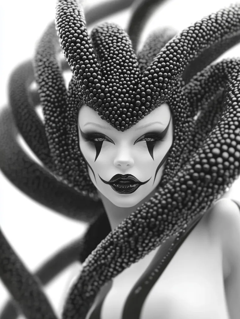 Here's a description of the image:

The monochrome image showcases a striking close-up of a woman's face, adorned with dramatic makeup resembling a harlequin's mask. Her features are sharp and defined, contrasting with the textured, organic headpiece that resembles a stylized Medusa's snakes. The headpiece is composed of numerous small, bead-like elements forming sinuous, flowing tendrils around her head and shoulders. The overall effect is surreal, blending elements of beauty and a dark, mythical aesthetic. The stark black and white palette enhances the dramatic impact of the contrast between the smooth skin and the rough texture of the headpiece.