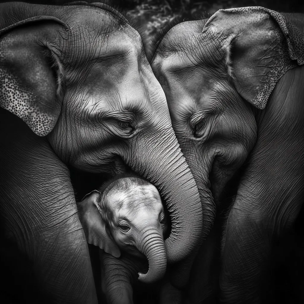 Here's a description of the image:

A black and white close-up photograph captures the tender moment of two adult elephants affectionately enveloping a baby elephant. The textured skin of the adults, etched with the passage of time, is strikingly detailed.  Their trunks gently caress the smaller elephant, creating a heartwarming scene of familial protection and love. The dark background subtly emphasizes the elephants, highlighting their powerful yet gentle presence.  The image evokes a sense of peace and the strong bonds within an elephant family.