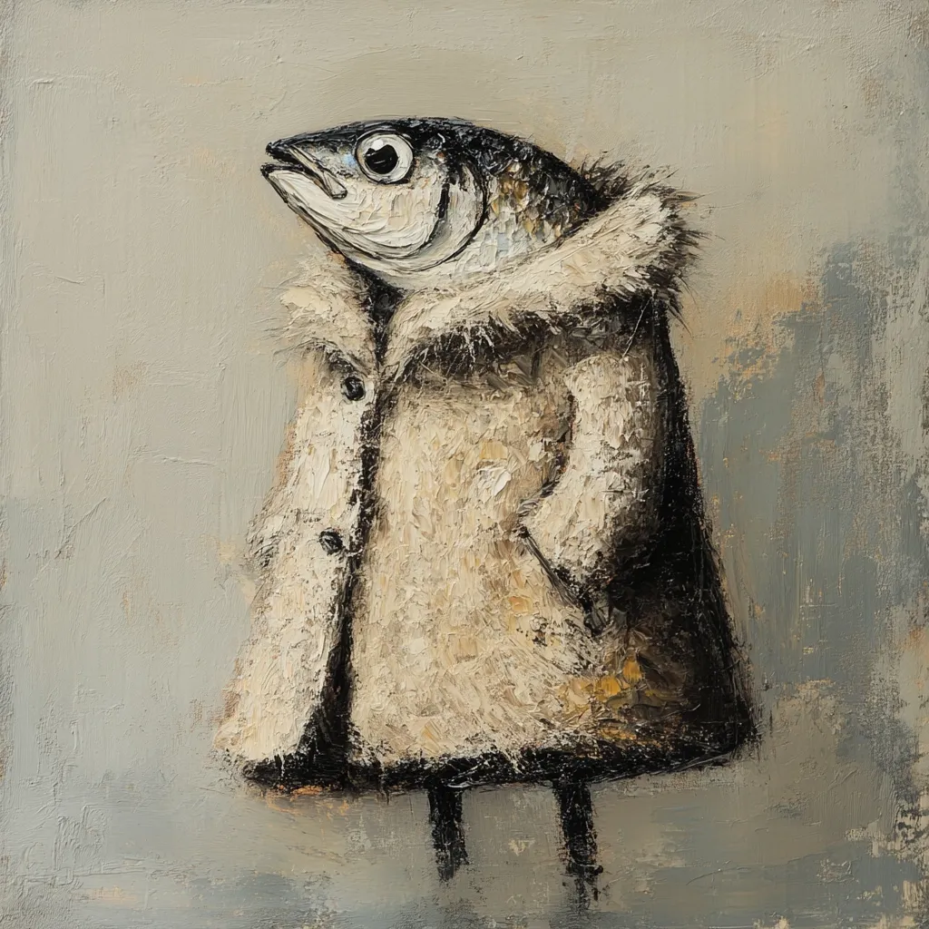The painting depicts a whimsical scene of a fish, seemingly a mullet, wearing an oversized, light beige fur coat. The fish's head is turned slightly upward, and its expression is somewhat pensive. The coat is textured, giving the impression of thick fur, and its style is reminiscent of a child's winter coat. The background is a muted gray, providing a contrast to the lighter tones of the fish and coat. The overall style is impasto, with visible brushstrokes adding to the artwork's texture and character. The piece conveys a surreal and slightly humorous narrative.