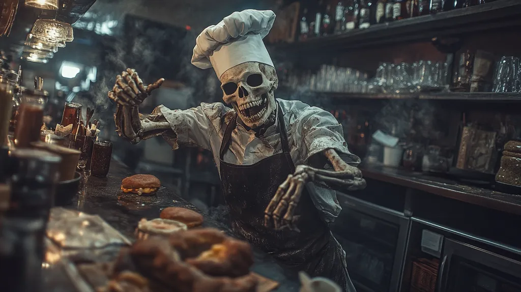 Here's a description of the image:

A skeletal figure, wearing a chef's hat and apron, stands in a dimly lit, vintage kitchen.  The skeleton's bony hands are playfully gesturing, possibly indicating food preparation.  Several pastries and buns sit on the counter before it, adding to the macabre yet humorous scene.  The background reveals shelves stocked with glassware and liquor bottles, contributing to the overall dark and atmospheric setting.  Smoke subtly adds to the mysterious ambiance. The image blends elements of horror and dark humor.