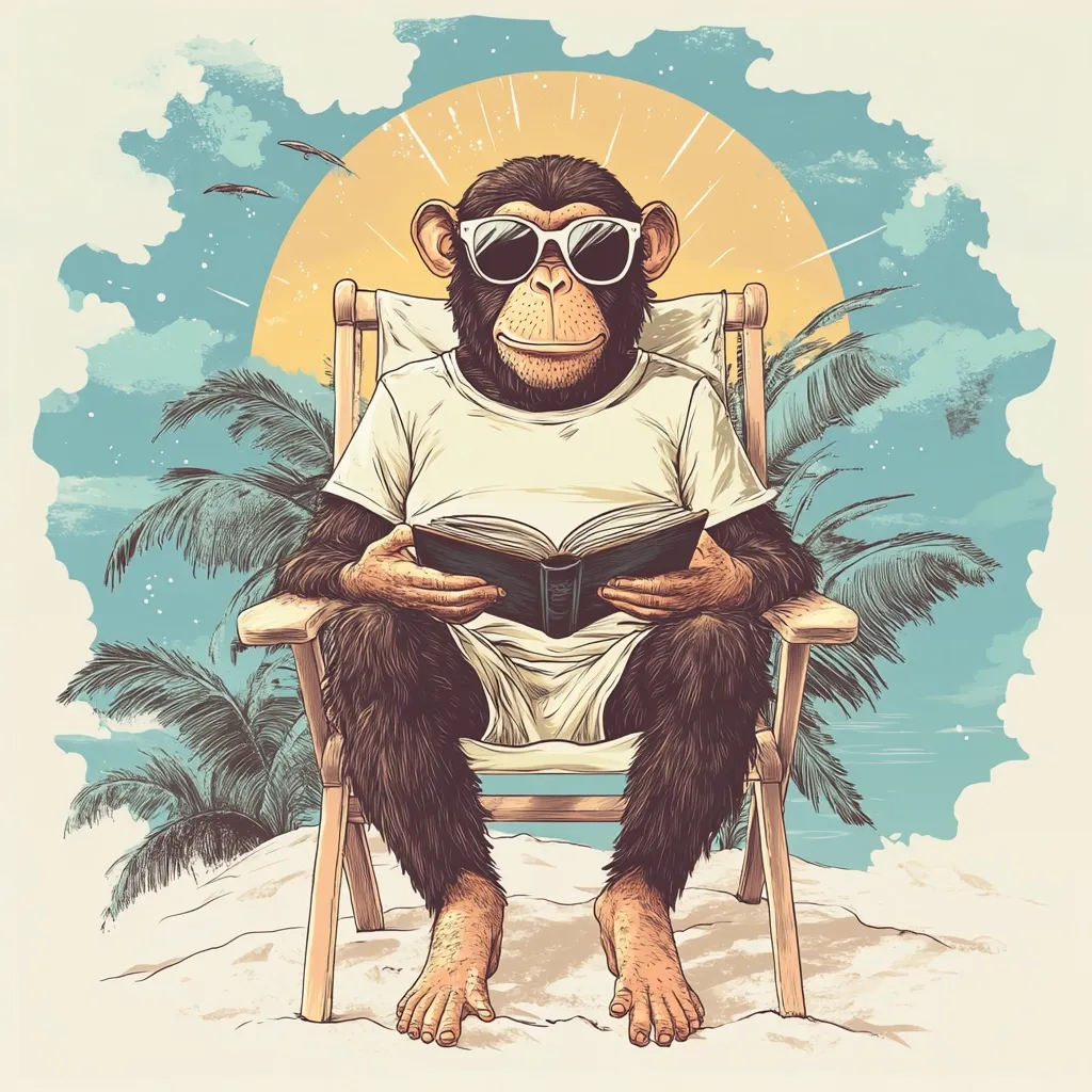 Here's a description of the image:

The illustration depicts a chimpanzee relaxing in a wooden beach chair on a sandy shore.  The chimp, wearing sunglasses and a simple white shirt, is engrossed in reading a book.  Palm trees and a stylized sunset create a tropical backdrop. The style is reminiscent of vintage travel posters or hand-drawn illustrations, with a muted color palette and textured background. The overall mood is serene and playful.