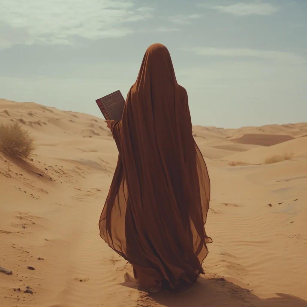A person, cloaked in a long, flowing brown garment, walks alone across a vast, sandy desert under a pale sky.  The figure's face is concealed, and they hold a book close to their body. The image conveys a sense of solitude, journey, and perhaps spiritual contemplation amidst the barren landscape. The muted colors and soft light enhance the feeling of serenity and mystery.