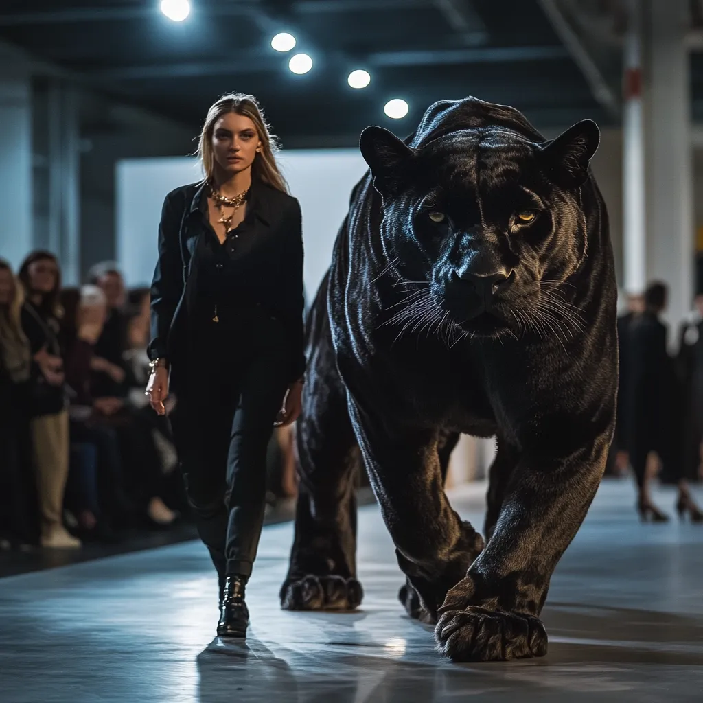 A fashion model in an all-black suit walks a runway, a majestic black panther pacing beside her.  The runway is sleek and reflective, the background blurred with onlookers. The model's confident stride contrasts with the panther's powerful presence, creating a dramatic and captivating image.  The lighting is dramatic, highlighting the textures of both the clothing and the animal's coat. The overall mood is dark, mysterious, and high-fashion.