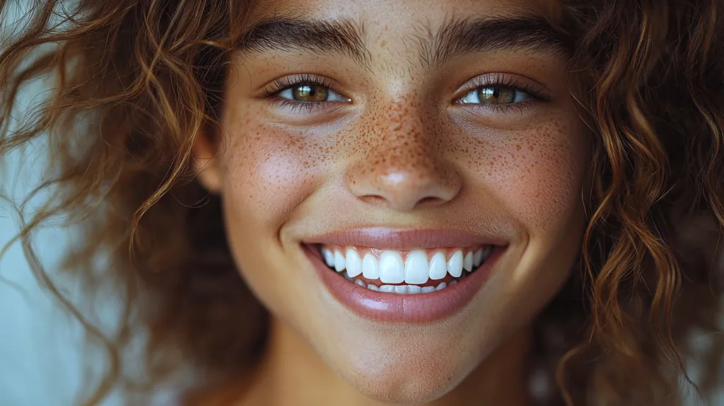 Close-up of a young woman with curly brown hair and a radiant smile.  Her skin is lightly freckled, and her eyes are a warm brown.  She has perfectly straight, white teeth. The overall impression is one of natural beauty and youthful joy. The focus is sharply on her face, highlighting her features.