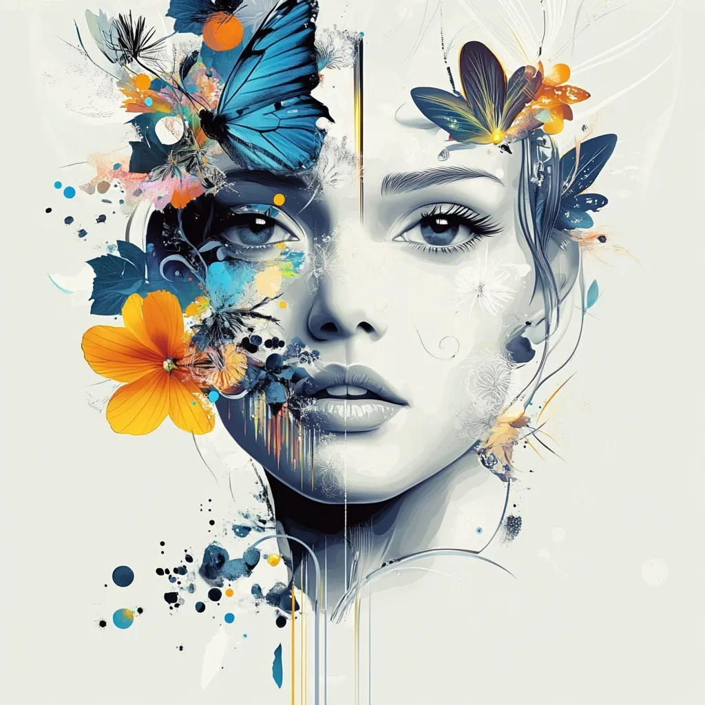 The image is a stylized portrait of a woman's face, rendered in a blend of realistic and abstract techniques.  Her features are sharply defined, yet seamlessly integrated with a vibrant array of butterflies, flowers, and splashes of color.  A large blue butterfly is prominent on one side of her face, while orange and yellow flowers and smaller butterflies adorn the rest, creating a sense of ethereal beauty and natural fluidity.  The overall effect is a captivating fusion of organic and geometric forms.