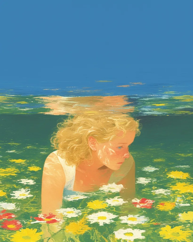 Here's a description of the image:

The painting depicts a young woman with blonde, curly hair partially submerged in a calm body of water. She's wearing a light-colored sleeveless top and is looking down at a vibrant bed of daisies and other wildflowers beneath the surface. The water is clear, allowing a view of both the woman and the flowers. The sky above is a clear, bright blue, contrasting with the greens and yellows of the aquatic scene. The style is impressionistic, with visible brushstrokes and a focus on light and color, creating a serene and dreamlike atmosphere.