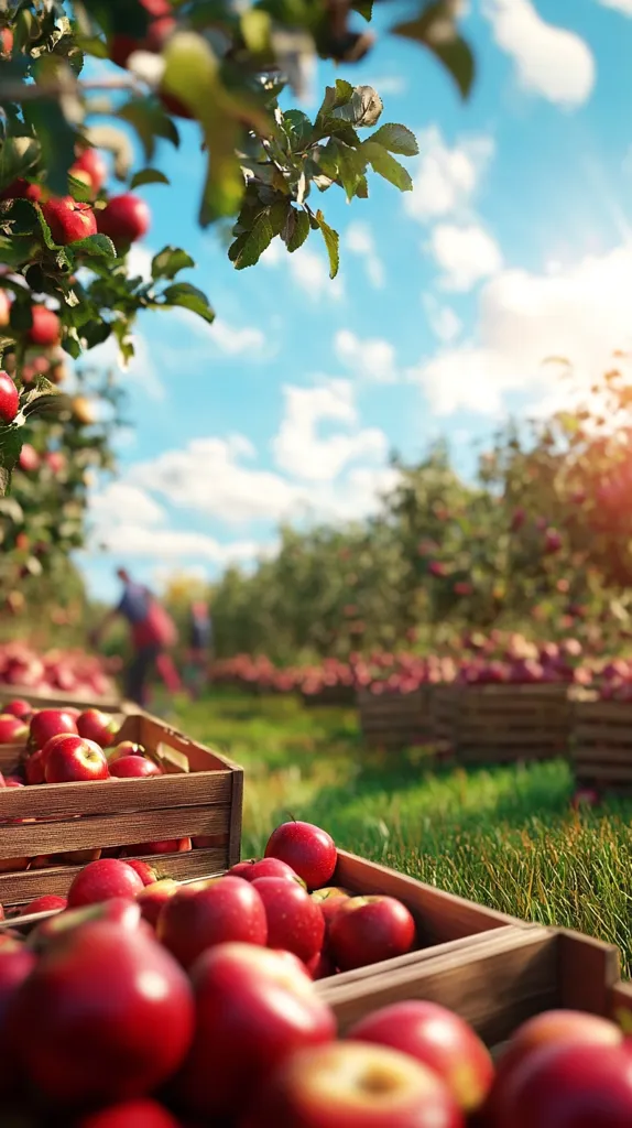 Here's a description of the image:

The image depicts a vibrant apple orchard on a sunny day.  Wooden crates overflowing with ripe, red apples are in the foreground, sharply in focus.  Behind them, the orchard extends into the distance, showing rows of apple trees laden with fruit.  Blurred figures of workers can be seen in the mid-ground, suggesting a harvest in progress. The overall scene is bright, cheerful, and evokes the feeling of a bountiful autumn harvest.  The sky is clear and blue with fluffy white clouds.