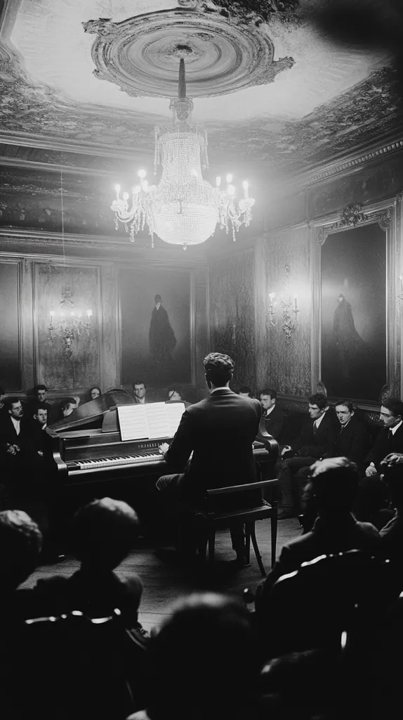 A black and white photograph captures a pianist performing in an ornate, dimly lit room.  A large crystal chandelier hangs above, illuminating the scene. The pianist sits at a grand piano, the music sheet visible on the stand.  An audience, mostly silhouetted, is seated in chairs around the room, their faces largely obscured. The walls are adorned with paintings and dark wood paneling, creating a somber yet elegant atmosphere. The overall mood is one of quiet concentration and artistic performance.