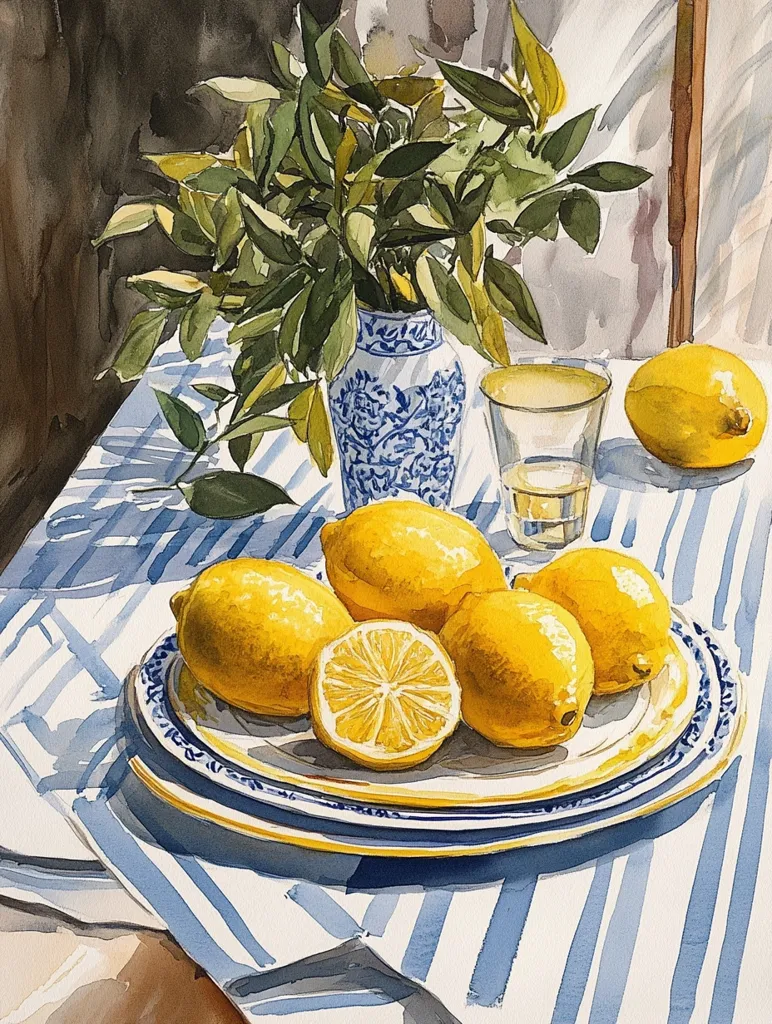 A watercolor painting depicts a still life arrangement on a blue and white striped tablecloth.  Several ripe lemons rest on a decorative plate, accompanied by a halved lemon showcasing its juicy interior.  A small blue and white porcelain vase holds a bouquet of vibrant green lemon leaves. A glass of liquid sits nearby, adding depth to the composition. The light suggests a sunny setting, casting shadows that accentuate the textures and forms. The overall style is realistic with a focus on light and color.