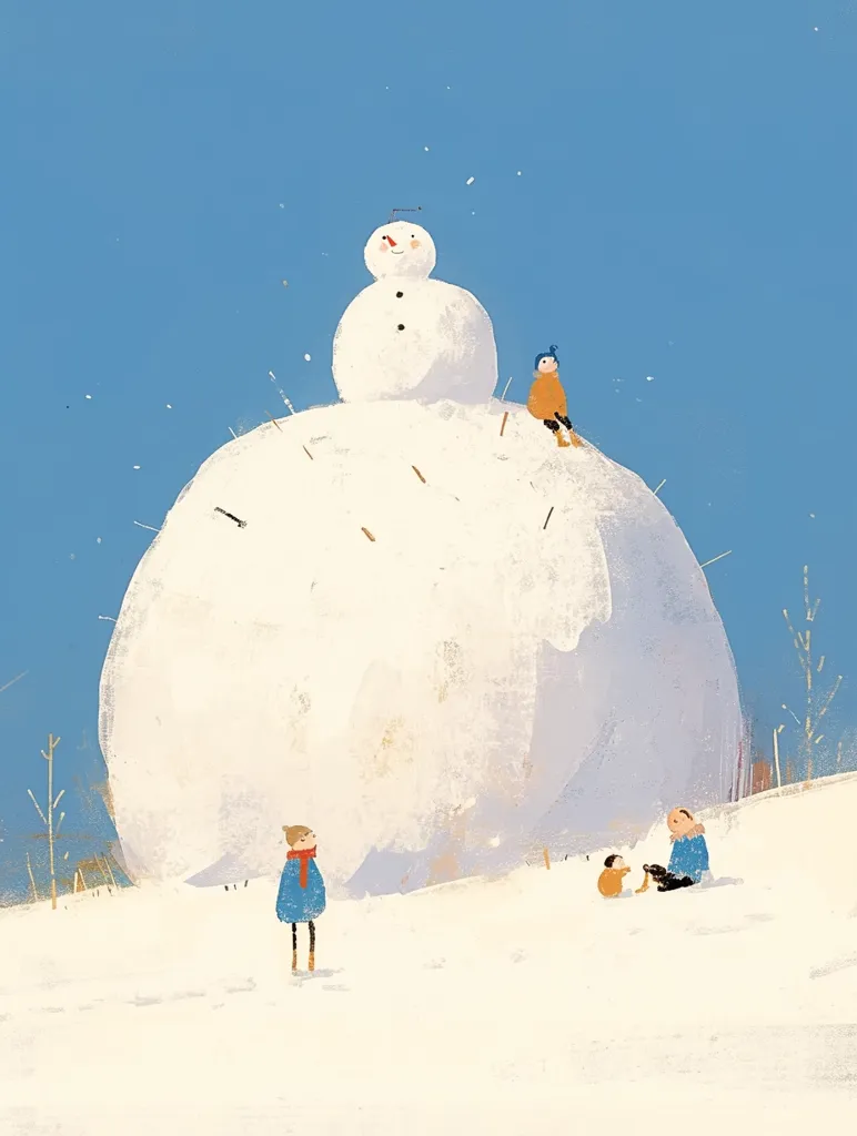 Here's a description of the image:

The illustration depicts a whimsical winter scene. A colossal snowman, formed from a massive snowball, dominates the foreground. A smaller snowman sits atop its head.  Several small children, rendered in simple, childlike forms, are scattered around the base of the giant snowman, some seated and others standing.  The background is a clear, bright blue sky, and the snow is depicted with a soft, textured brushstroke. The overall style is minimalist and charming, evoking a feeling of quiet winter joy.
