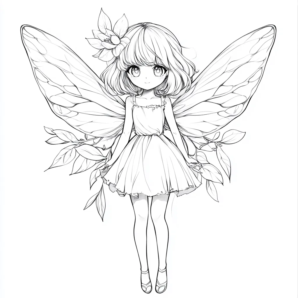 Here is a description of the image:

The image is a line drawing of a cute anime-style fairy.  She has large, expressive eyes, short bobbed hair adorned with a flower, and wears a simple, short dress.  Large, delicate insect-like wings extend from her back, detailed with intricate vein-like lines.  Leaves and branches frame her body, adding to the whimsical nature of the illustration. The style is clean and elegant, with a focus on graceful lines and delicate details.  The overall impression is one of ethereal beauty and youthful innocence.