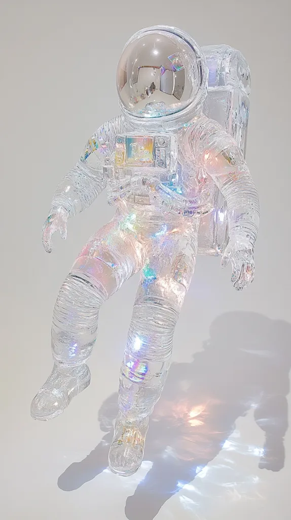 Here's a description of the image:

The photograph shows a translucent, sculpted figure of an astronaut seemingly made of clear, iridescent glass or resin.  The astronaut is depicted mid-float or stride, with limbs slightly bent.  Internal lights or reflective qualities create a softly glowing, multicolored effect within the figure. The helmet reflects a blurry image, adding to the ethereal quality. The astronaut's shadow is cast onto the light-colored background, which appears to be a plain wall or surface. The overall aesthetic is minimalist and dreamlike.