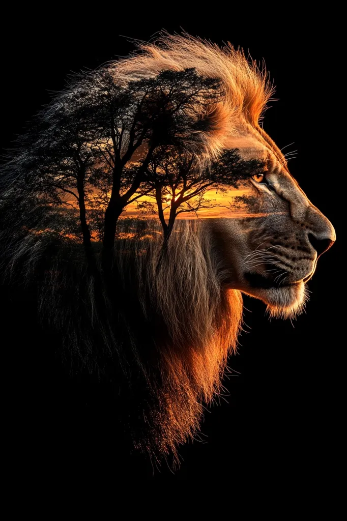 Here's a description of the image:

The image is a striking double exposure photograph of a lion's profile.  The lion's magnificent mane is superimposed with the silhouette of acacia trees set against a vibrant African sunset.  The warm hues of the setting sun blend seamlessly with the lion's fur, creating a powerful and evocative image that symbolizes the majesty of the African savanna and its wildlife. The dark background provides a stark contrast, emphasizing the subject. The overall effect is artistic and majestic.