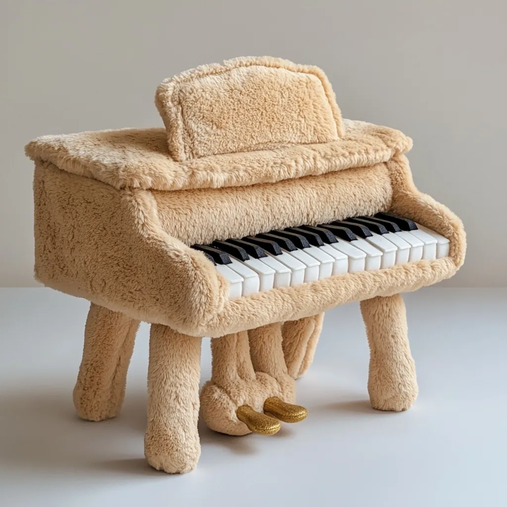 Here's a description of the image:

The photograph shows a plush toy grand piano in a light beige or tan color.  The entire piano, including the legs, is covered in a soft, fluffy material. The keys are white and black, typical of a piano, and are clearly visible. The legs of the piano are styled like furry feet, adding to its whimsical and child-friendly design.  The piano sits on a plain white surface against a similarly neutral backdrop.  The overall impression is one of softness, playfulness, and a charming, unique design.