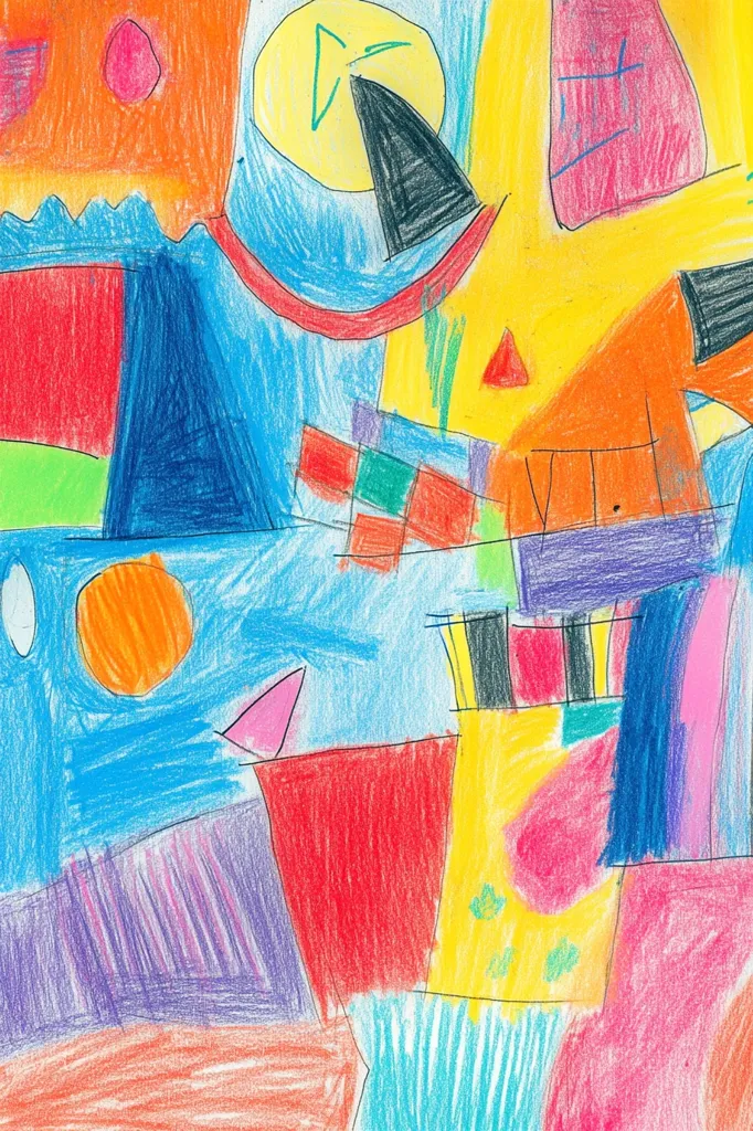 This vibrant crayon drawing is an abstract composition of geometric shapes and bold colors.  Reds, oranges, yellows, blues, and purples dominate the piece, creating a sense of energy and movement.  The shapes overlap and interlock, suggesting depth and layers.  Simple forms, like circles and triangles, contrast with more complex, irregularly shaped sections. The overall effect is playful and childlike, reminiscent of naive art.  There's a lack of realistic representation, instead prioritizing color and form for expressive purposes.
