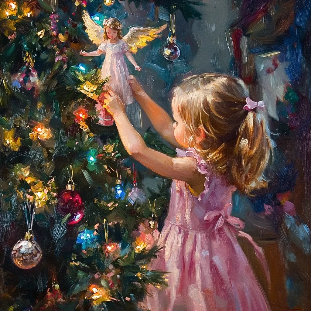 A young girl in a pink dress decorates a Christmas tree.  She carefully places an ornament near a small angel figurine already on the tree. The tree is adorned with colorful lights and baubles, creating a warm, festive glow.  The painting style is impressionistic, with visible brushstrokes and a focus on light and color. The scene evokes a sense of childhood wonder and Christmas magic.
