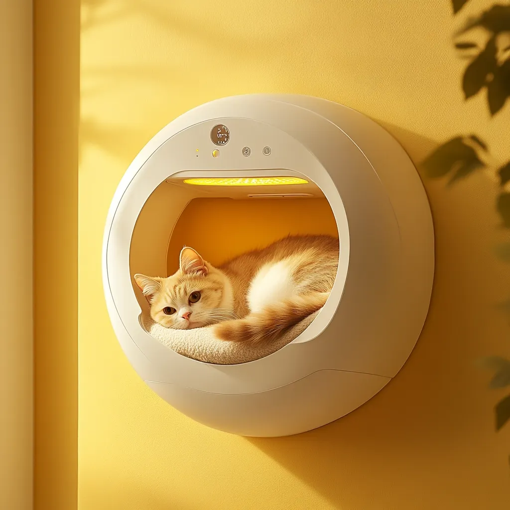 Here's a description of the image:

A ginger cat rests comfortably inside a modern, wall-mounted cat bed. The bed is circular and white, with a soft, beige cushion inside. A gentle yellow light illuminates the interior. The cat is curled up, appearing relaxed and content. The bed is affixed to a yellow wall, creating a warm and inviting ambiance. The overall design is minimalist and sleek, suggesting a contemporary pet product.  A small digital display is visible on the top of the unit.