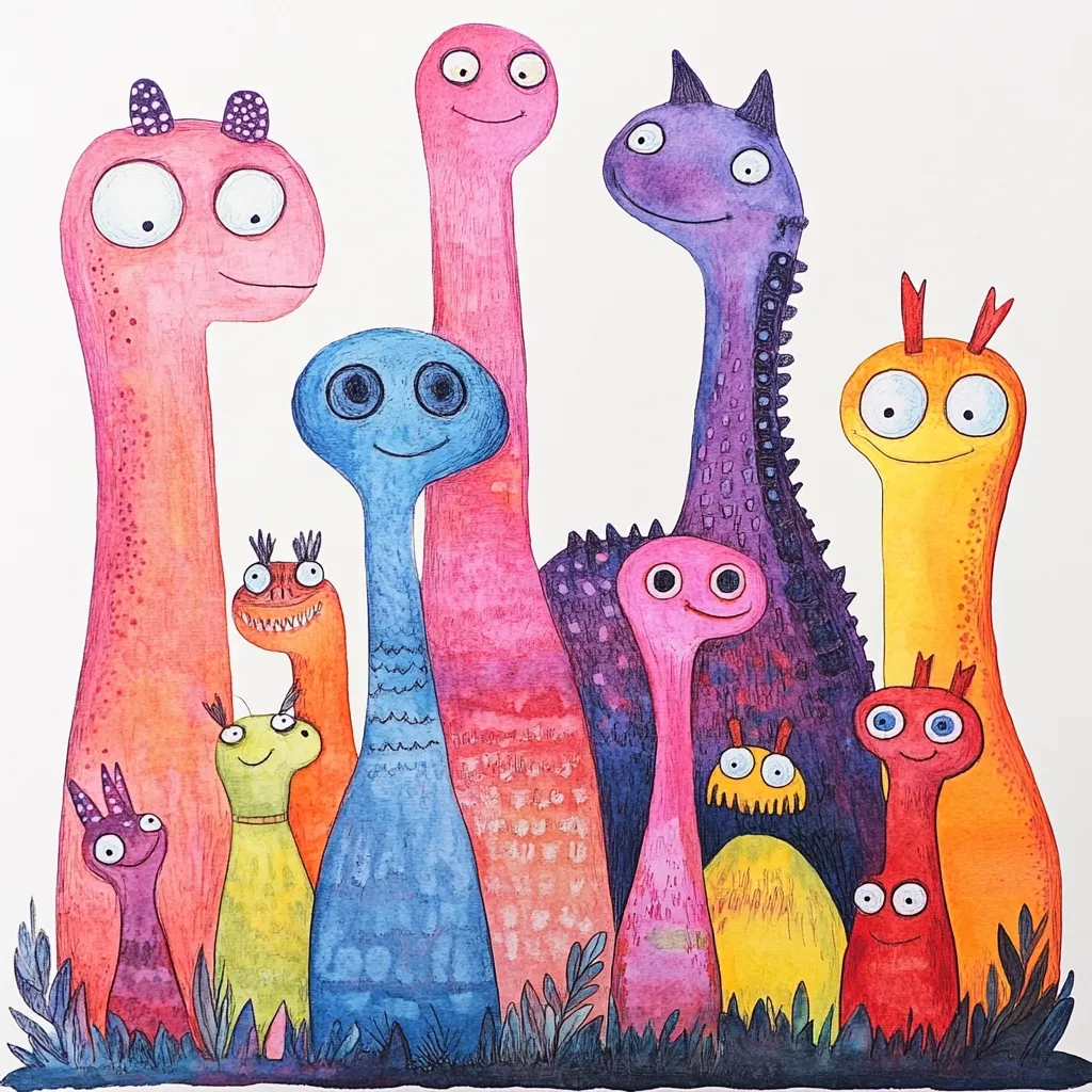 Here's a description of the image:

A whimsical watercolor painting depicts a group of colorful, friendly-looking creatures, resembling long-necked dinosaurs or whimsical aliens.  They are various heights and shades, including pink, purple, orange, blue, and red, with simple, expressive features.  Smaller creatures peek out from behind the larger ones. The creatures stand in a grassy area, creating a playful and vibrant scene.  The style is childlike and imaginative, with a focus on bright, saturated colors and slightly uneven textures.
