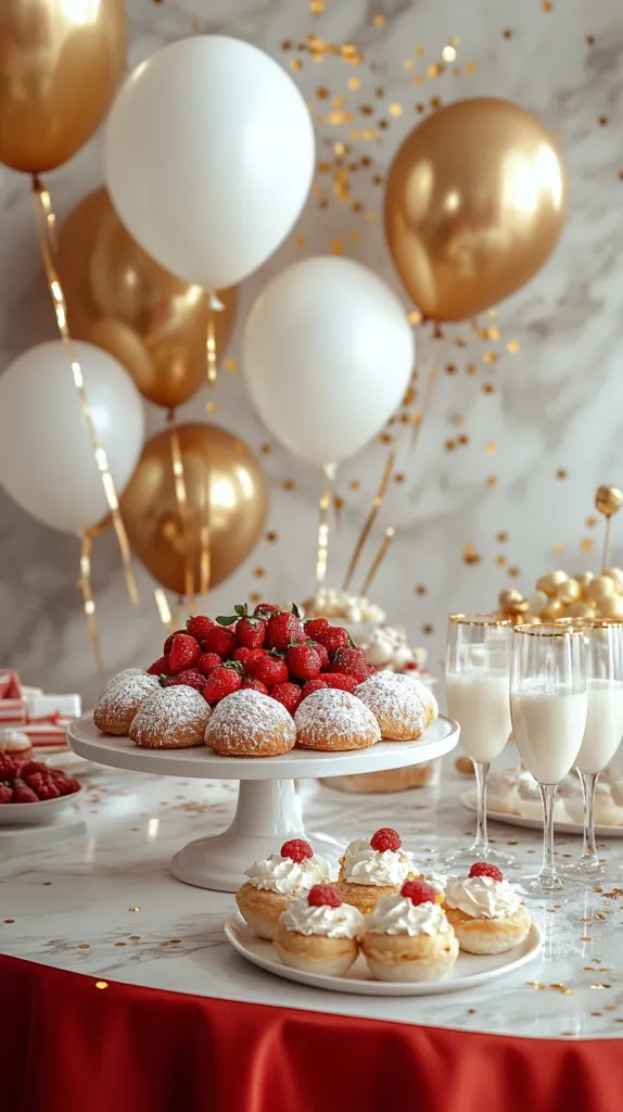A celebratory table is adorned with gold and white balloons, creating a festive backdrop.  The centerpiece is a delectable arrangement of cream puffs topped with fresh strawberries.  Smaller cream puff pastries with raspberries sit on a platter nearby.  Champagne flutes filled with a creamy beverage complete the scene, adding elegance to the dessert spread. Gold confetti scatters across the marble table, enhancing the luxurious atmosphere.  The overall impression is one of sophistication and delightful celebration.