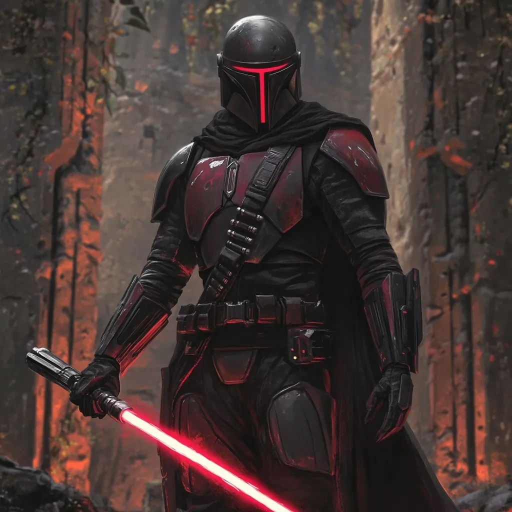 Here's a description of the image:

The image showcases a Mandalorian warrior, clad in dark, almost black armor with crimson highlights.  The armor is intricately detailed, showcasing a futuristic yet medieval aesthetic.  A red lightsaber, glowing intensely, is held in the warrior's gloved hand. The background is a dimly lit, ruined landscape, with burnt orange hues suggesting a battle-scarred environment. The Mandalorian's helmet obscures their face, adding to the mysterious and formidable aura. The overall mood is dark, intense, and evocative of a science fiction battle scene.