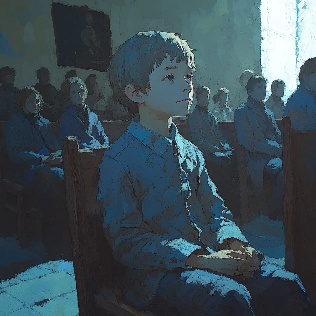 A young boy, dressed in a blue shirt, sits attentively in a dimly lit room.  He's surrounded by other people, mostly indistinct figures in similar attire, seated in rows of pews.  The setting appears to be a church or hall, suggested by the wooden chairs and a painting on the wall.  A window lets in a soft light, illuminating the boy's pensive expression. The overall atmosphere is somber and quiet, conveying a sense of contemplation or waiting. The artistic style is painterly, with visible brushstrokes creating a textured, slightly muted palette.