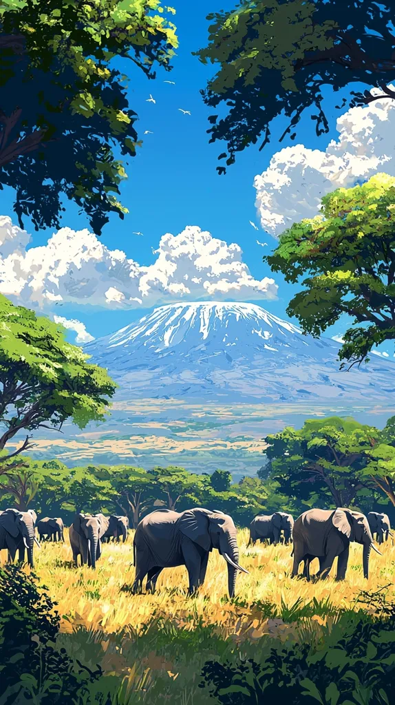 Here's a description of the image:

The artwork depicts a serene African savanna scene. A herd of elephants peacefully grazes in golden-yellow tall grass, under a vibrant blue sky filled with fluffy white clouds.  The majestic Mount Kilimanjaro, snow-capped and imposing, forms a stunning backdrop. Lush green acacia trees frame the foreground and sides, partially obscuring the view, adding depth and a sense of enclosure to the picturesque landscape. The overall style is painterly, with bold colors and slightly impressionistic brushstrokes. The image evokes a sense of tranquility and the beauty of the African wilderness.