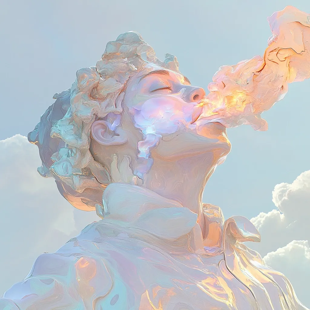 Here is a description of the image:

The image is a digital painting or rendering of a stylized, almost sculptural, figure.  The figure, appearing androgynous with a flowing, sculpted hairstyle, has its eyes closed and is depicted exhaling or perhaps consuming a swirling cloud of light, warm-toned smoke or mist.  The overall palette is pastel, primarily soft whites, pinks, and blues, creating a dreamy, ethereal atmosphere against a backdrop of a light blue sky and fluffy white clouds.  The style is highly textured, with a thick, almost painterly application of light giving the figure a soft, luminous quality. The scene suggests a sense of peace or transcendence.