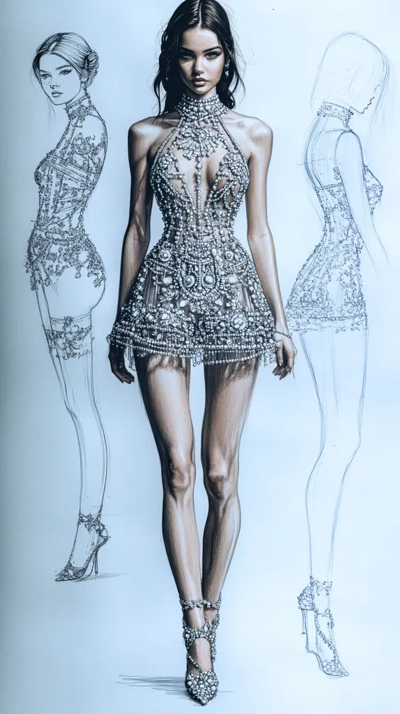 Here's a description of the image:

The artwork is a fashion illustration showcasing a female model in a meticulously detailed, short, embellished dress. The dress is heavily adorned with pearls and beads, creating a sparkling effect. The model is depicted with sleek, dark hair and wears ornate, jeweled heels that mirror the dress's detailing.  The drawing includes two additional, less detailed sketches of the model, one from the side and another from the back, further illustrating the dress's design.  The style is realistic, with careful shading and attention to texture. The overall palette is cool toned, enhancing the elegance of the piece.