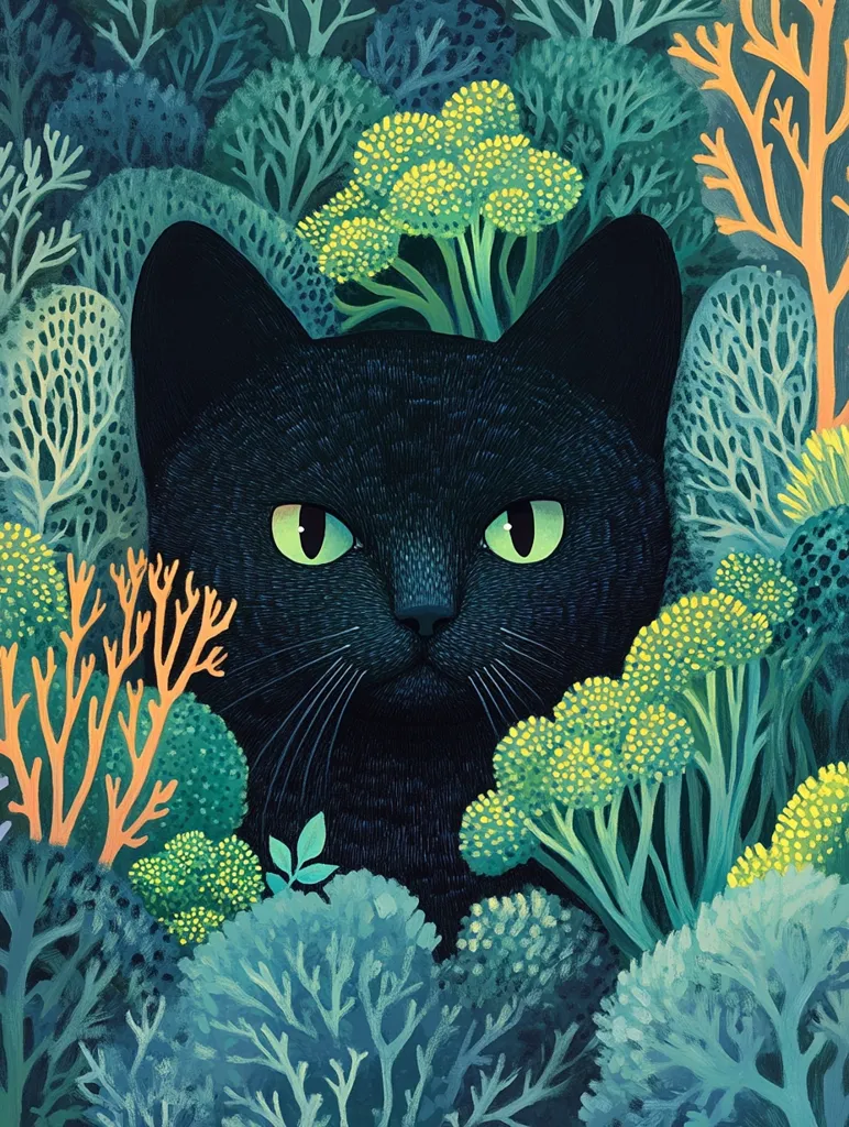 A stylized illustration depicts a black cat's face peeking from a lush, vibrant undergrowth.  The cat's intense green eyes are striking against its dark fur.  The surrounding foliage is rendered in shades of teal, green, and yellow, with intricate branching patterns suggesting coral or fantastical plants. The overall mood is mysterious and slightly surreal. The artwork employs bold colors and a flat, illustrative style.
