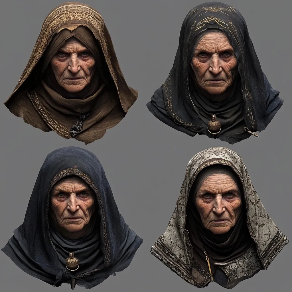 Here's a description of the image:

The image shows four detailed bust sculptures of an elderly woman, each wearing a different hooded garment.  The hooded cloaks vary in color and texture, ranging from dark browns and blacks to a lighter gray with intricate patterns.  The woman's face is realistically rendered, showing wrinkles and age lines, and a stern expression.  Each sculpture features a simple, dark pendant necklace. The overall style suggests a character design concept, possibly for a video game or fantasy film.  The background is a neutral gray, focusing attention on the sculptures.