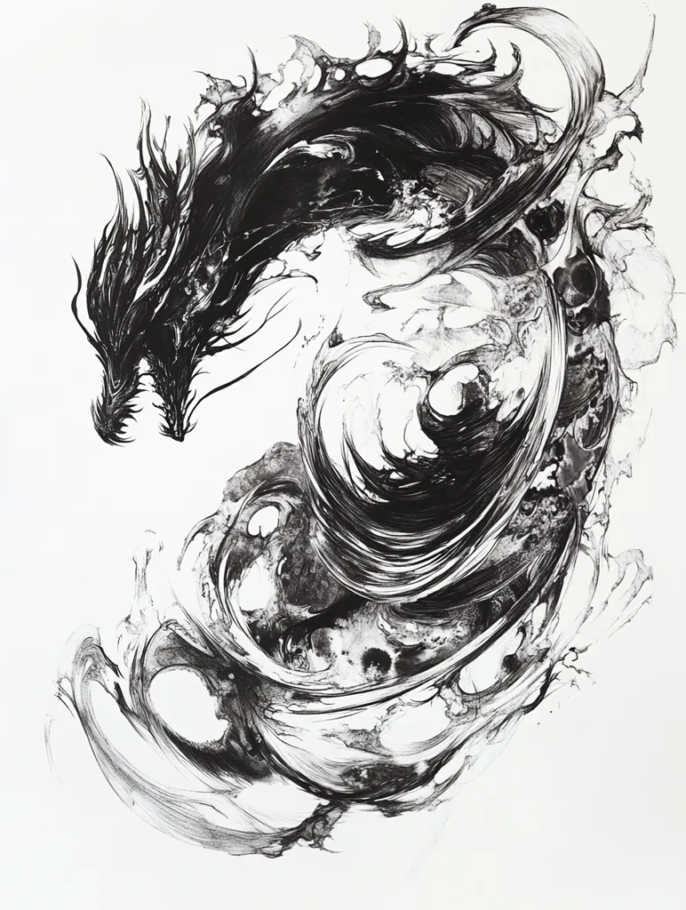 Here's a description of the image:

The artwork is a dramatic monochrome abstract piece, predominantly in black ink on a white background.  It depicts a swirling, dynamic form that suggests a dragon in motion. The dragon's body is rendered in bold, expressive strokes, creating a sense of power and fluidity. The black ink bleeds and blends into a chaotic yet aesthetically pleasing pattern, reminiscent of smoke or water.  The overall effect is both fierce and ethereal, a captivating blend of organic and abstract forms.