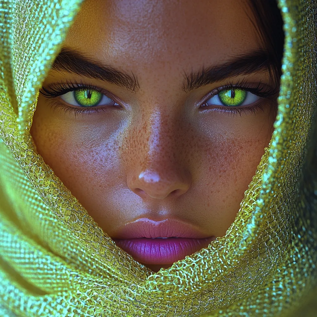 Close-up of a woman's face partially veiled by a shimmering, lime-green fabric.  Her skin is sun-kissed with freckles, and her gaze is intense, featuring striking, vibrant green eyes that seem almost otherworldly. The fabric drapes softly around her face, creating a mysterious and alluring atmosphere.  Her lips are full and a soft pink. The image is highly stylized, possibly digitally enhanced, with a focus on texture and contrast.