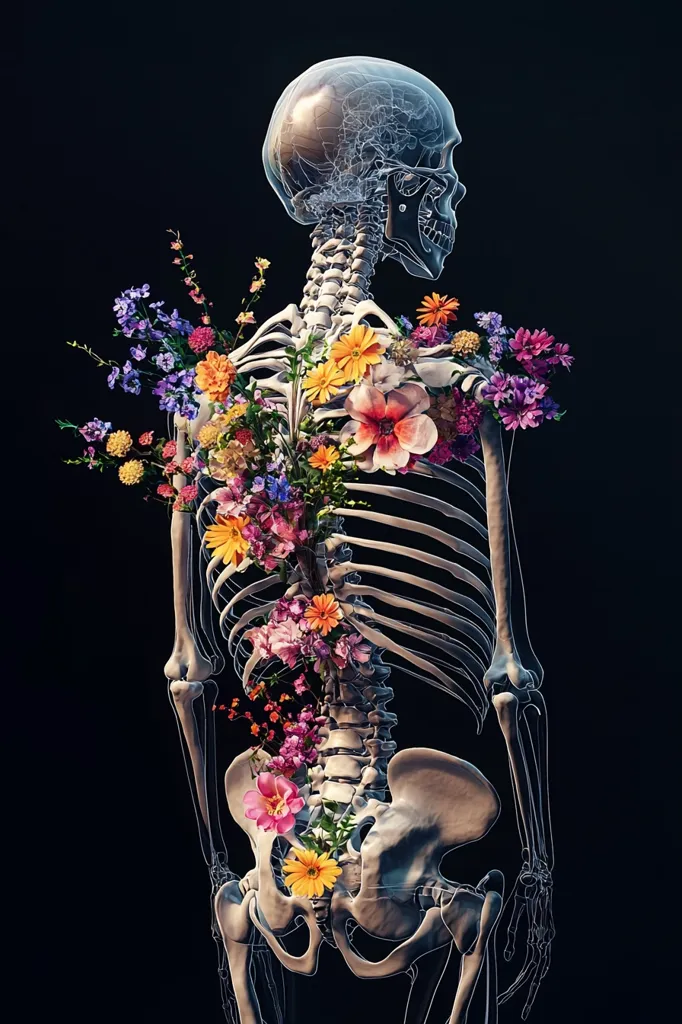 A translucent human skeleton, viewed from behind, is adorned with a vibrant bouquet of colorful flowers.  The flowers cascade down the spine, filling the ribcage and pelvis, creating a striking contrast between the skeletal structure and the delicate blossoms. The background is a deep black, emphasizing the intricate details of the skeleton and the rich hues of the flowers. The overall effect is both beautiful and slightly unsettling, a juxtaposition of life and death.