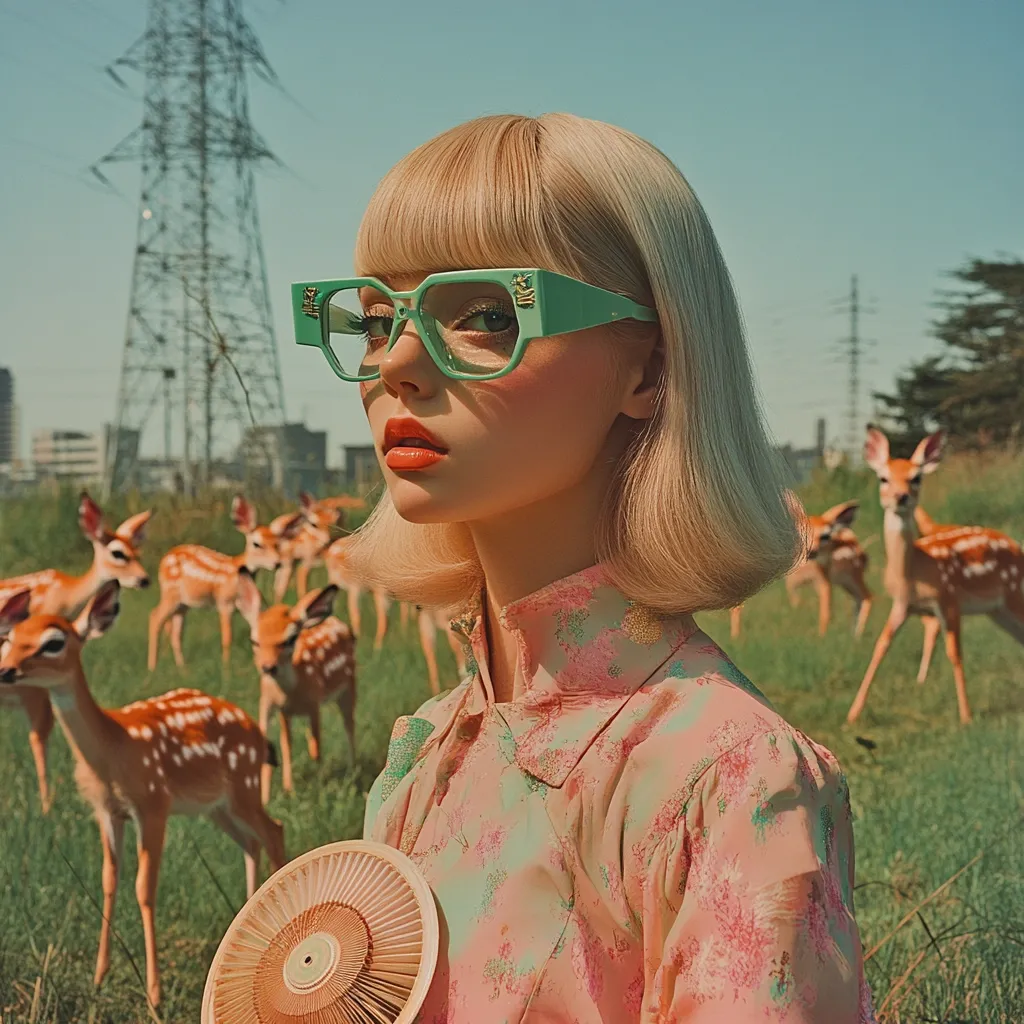 Here's a description of the image:

A young woman with a blonde bob and square, light green glasses is the focal point of the image.  She's wearing a pastel pink floral blouse and holds a circular, light-colored fan.  Behind her, a herd of small, spotted deer graze peacefully in a field.  A powerline tower and distant city buildings provide a contrasting urban backdrop to the pastoral scene. The overall aesthetic is vintage and dreamy, with a warm, sun-drenched color palette.