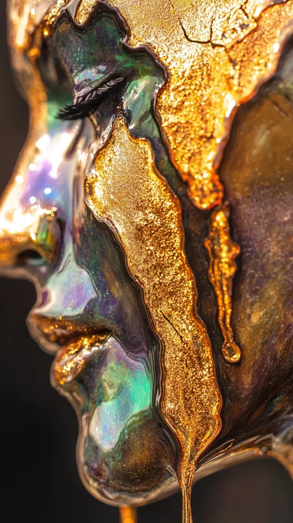 Here's a description of the image:

The image is a close-up of a stylized female face, seemingly sculpted or painted.  The face is predominantly dark, iridescent colors, resembling a deep, shimmering opal.  A thick, golden, glittery substance drips down the face, resembling melted gold, contrasting sharply with the darker hues.  The gold creates a striking visual effect, highlighting parts of the face and creating texture.  The overall impression is one of luxury, otherworldliness, and artistic expression.  The dark background isolates the subject, emphasizing its detail and unique aesthetic.
