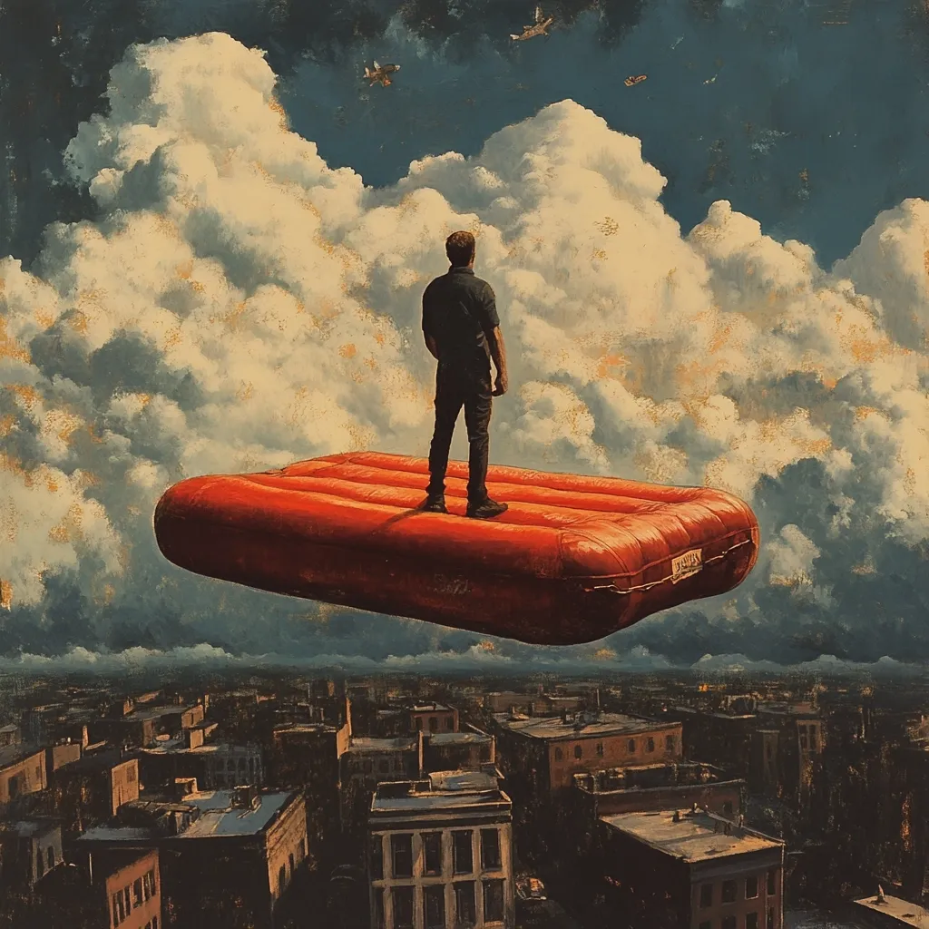 A man stands on a large, red inflatable raft floating in the sky above a cityscape.  The raft is improbably aloft amidst fluffy white clouds and a few small airplanes.  The man's back is to the viewer, his gaze directed towards a seemingly endless expanse of sky. The overall style is surreal, with a painterly texture giving a vintage or slightly aged feel. The contrast between the everyday man and the fantastical setting is striking.