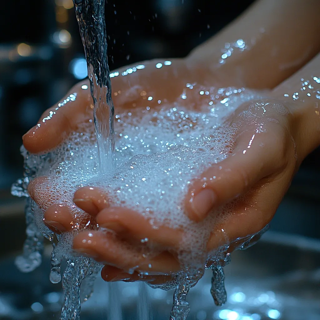 Close-up view of hands cupping water flowing from a tap.  The water is forming a substantial amount of lather, suggesting soap is being used. The scene is dimly lit, focusing attention on the hands and the cleansing process.  Water droplets cascade from the overflowing suds, creating a visually appealing texture. The image evokes a sense of cleanliness and hygiene.