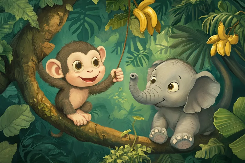 A charming illustration depicts a playful monkey and baby elephant in a lush jungle setting.  The monkey, perched on a tree branch, holds a vine with a bunch of bananas hanging down, seemingly sharing them with the elephant.  Both animals are rendered in a cute, cartoonish style with large expressive eyes.  The background is a vibrant tapestry of green foliage, adding to the overall whimsical and heartwarming scene.
