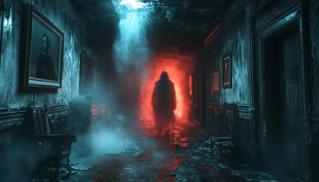 A dimly lit, decaying hallway in a haunted house is depicted.  A shadowy figure, cloaked and indistinct, stands at the center, bathed in an eerie red light, contrasting the teal-tinged smoke and shadows surrounding it.  Damaged walls display aged portraits, adding to the sense of age and mystery. The floor is wet and reflects the dim light, enhancing the overall ominous atmosphere.  The scene evokes a feeling of dread and suspense, suggestive of a supernatural presence.